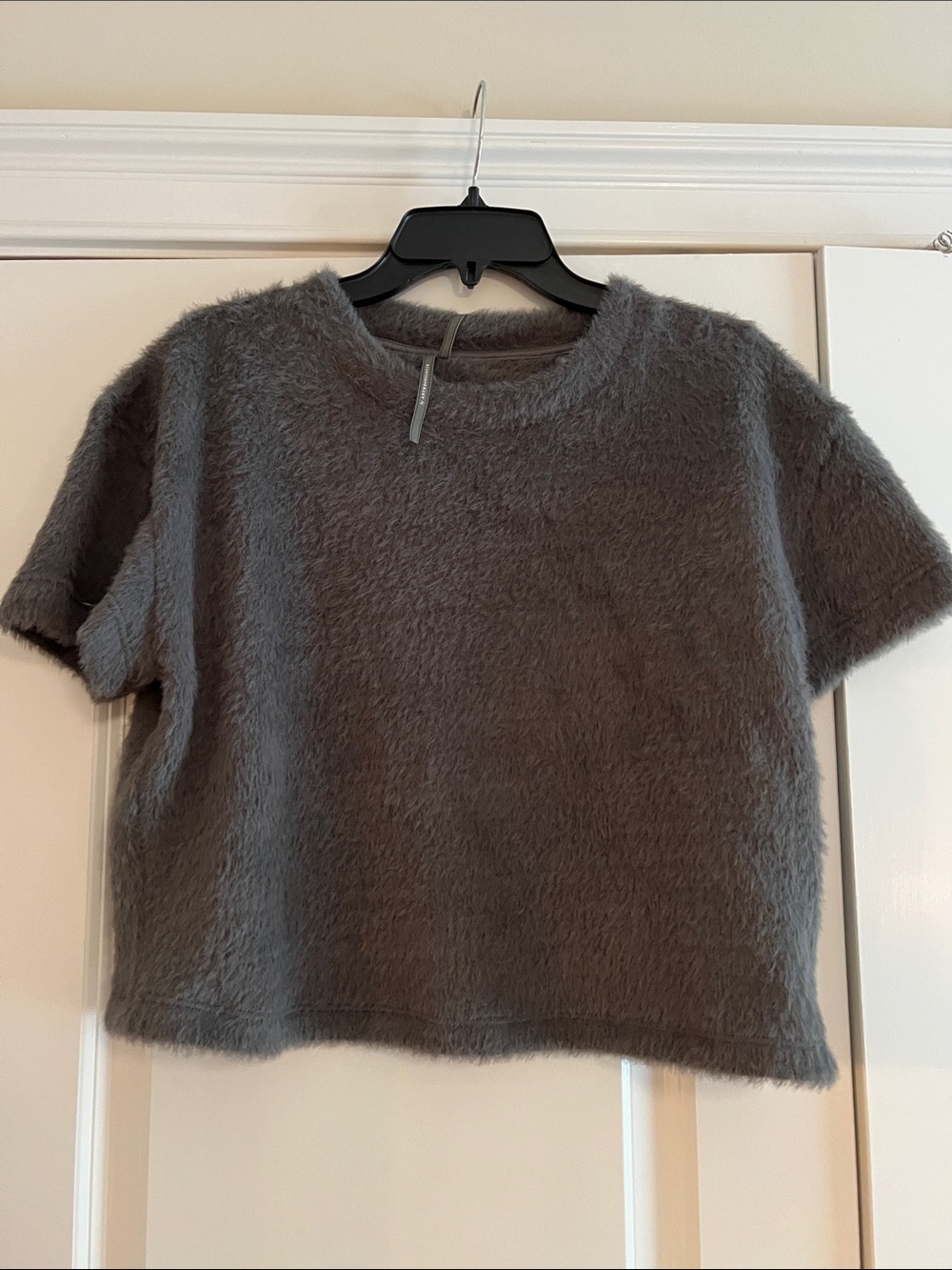Anthropologie Fuzzy Short-Sleeve Crewneck Sweater — Charcoal